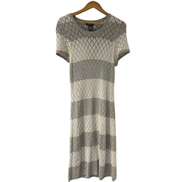 NEIMAN MARCUS Gray White Stripe Open Knit Maxi Sweater Dress Size LARGE Diamond - Picture 1 of 9
